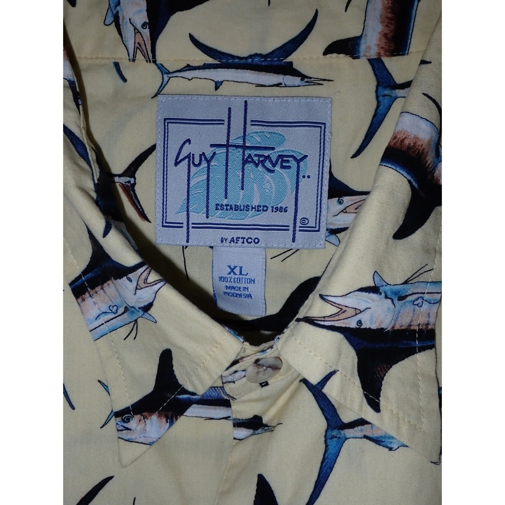 Guy Harvey Men's Marlin Sailfish All Over Print Button Down Shirt Yellow XL - Picture 2 of 4